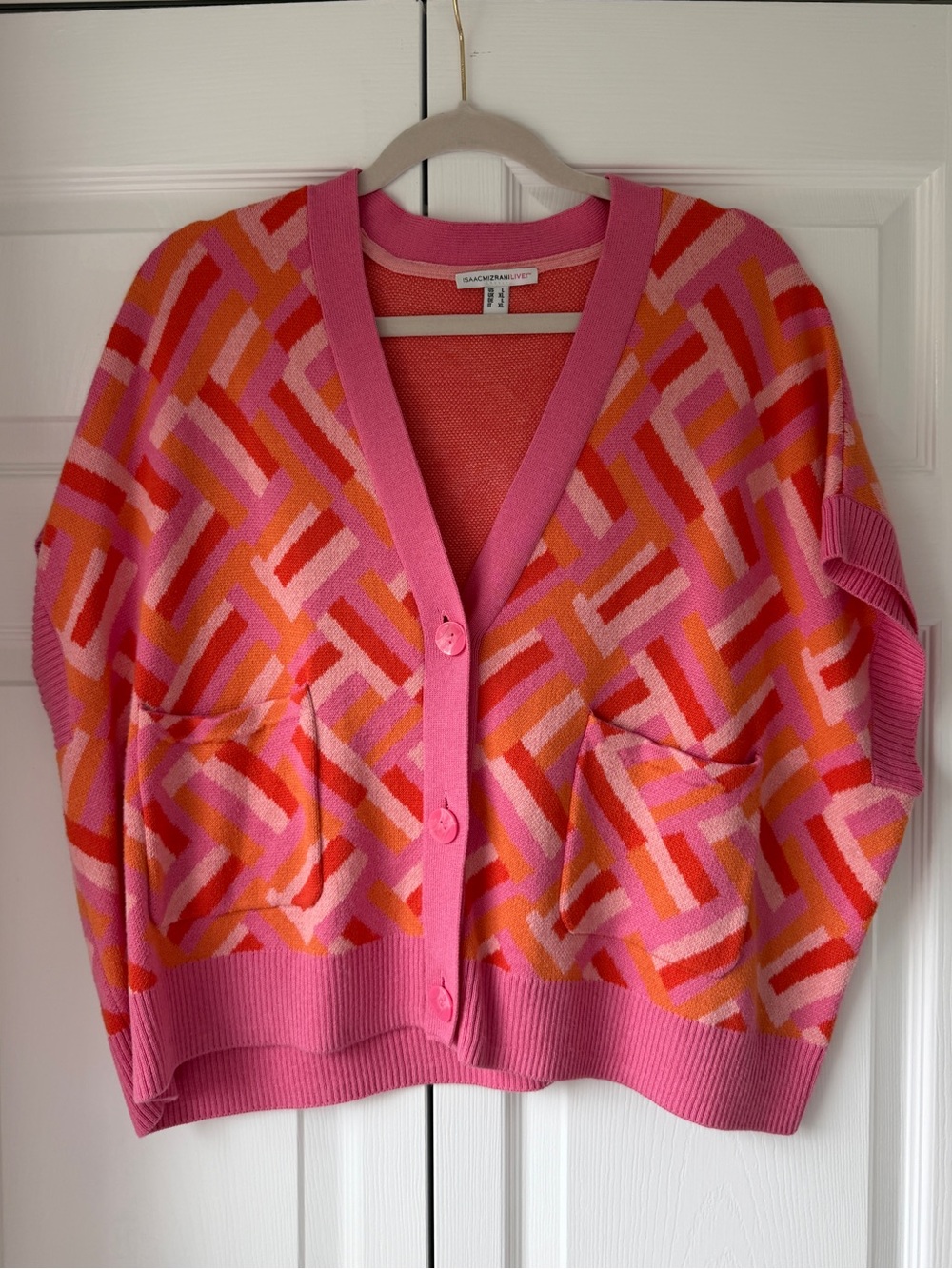 Isaac Mizrahi Live! Pink Geometric V-Neck Cardigan Sweater Vest